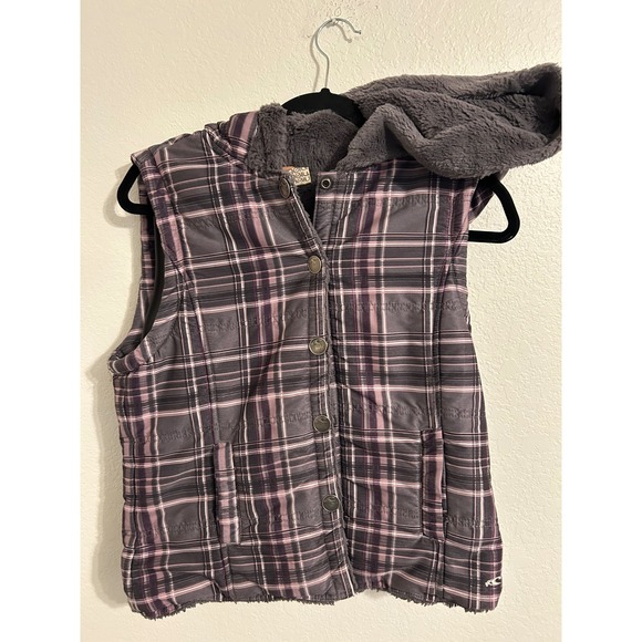 O'Neill Jackets & Blazers - O'Neill Womens Plaid Hooded Puffer Vest Faux Fur Lined Grey Purple Large L